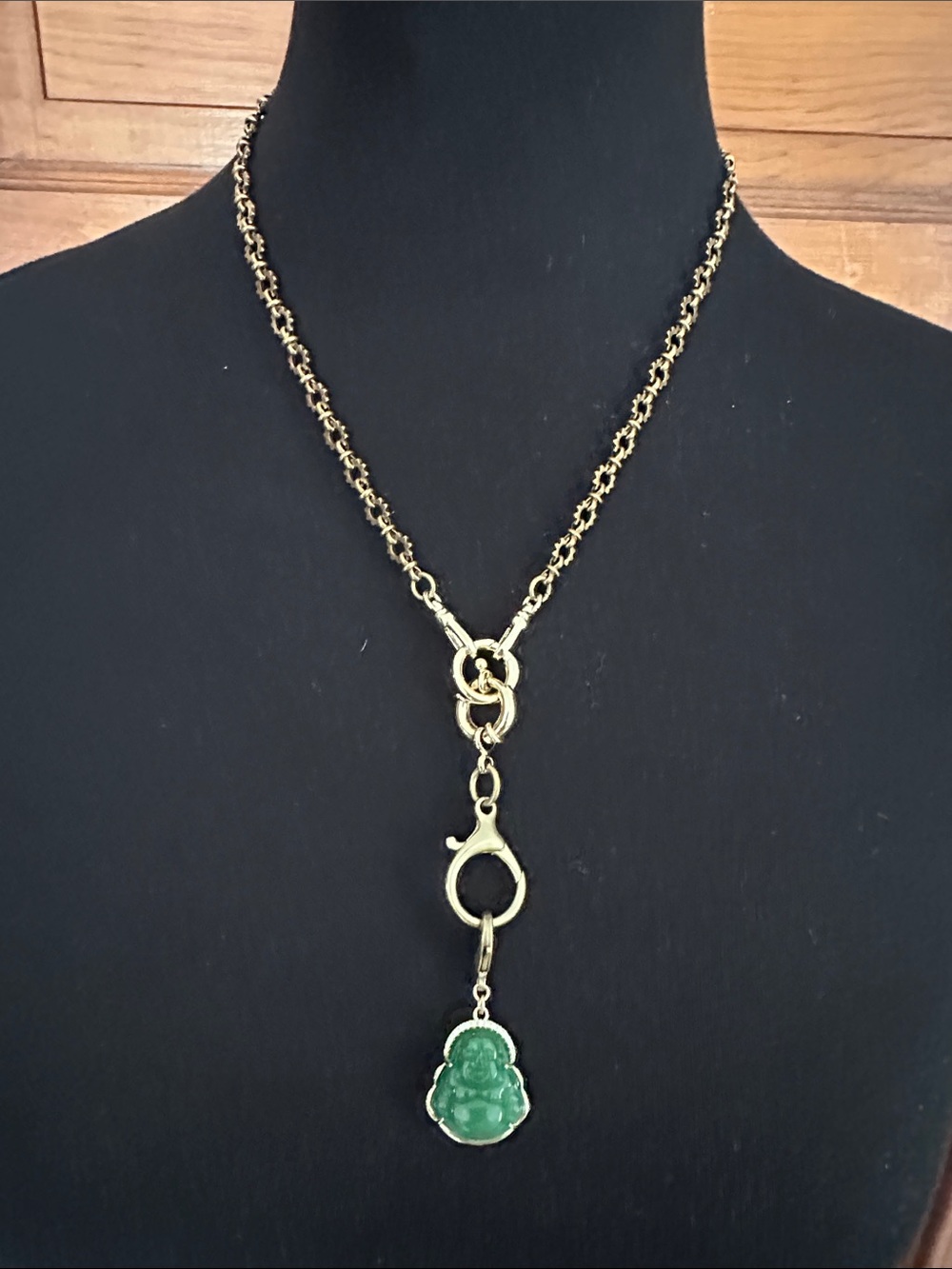 Brass Chain Necklace with Green Buddha Pendant